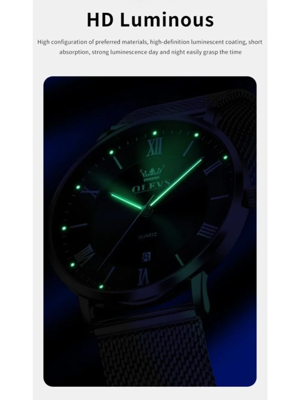 Men's Silver Black Analog Quartz Mesh Strap Luxury Luminous Waterproof Watch
